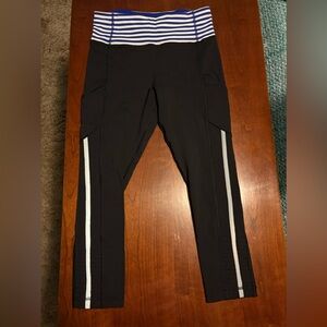 Lululemon Blue Striped Waist Black Cropped Leggings Size 6